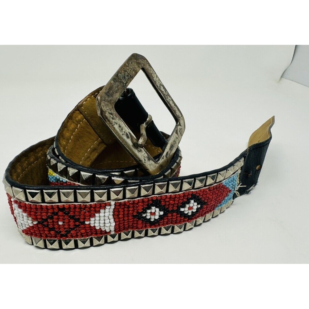 Vintage Gorgeous laced Beaded Leather Belt 28 Long Blue And Red All Beaded